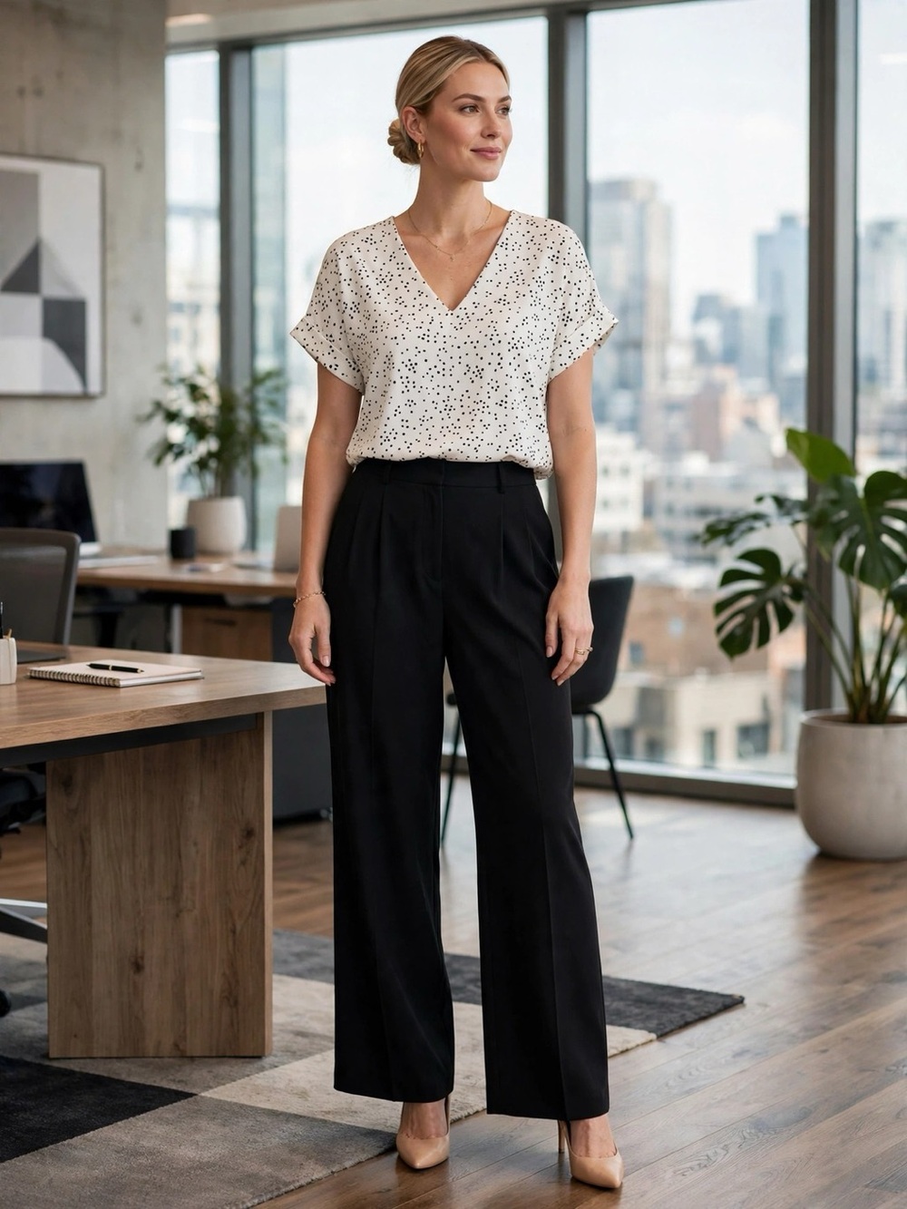 Melloday White Black Confetti Dot Blouse Back Zip V-Neck Short Sleeve Work Top L